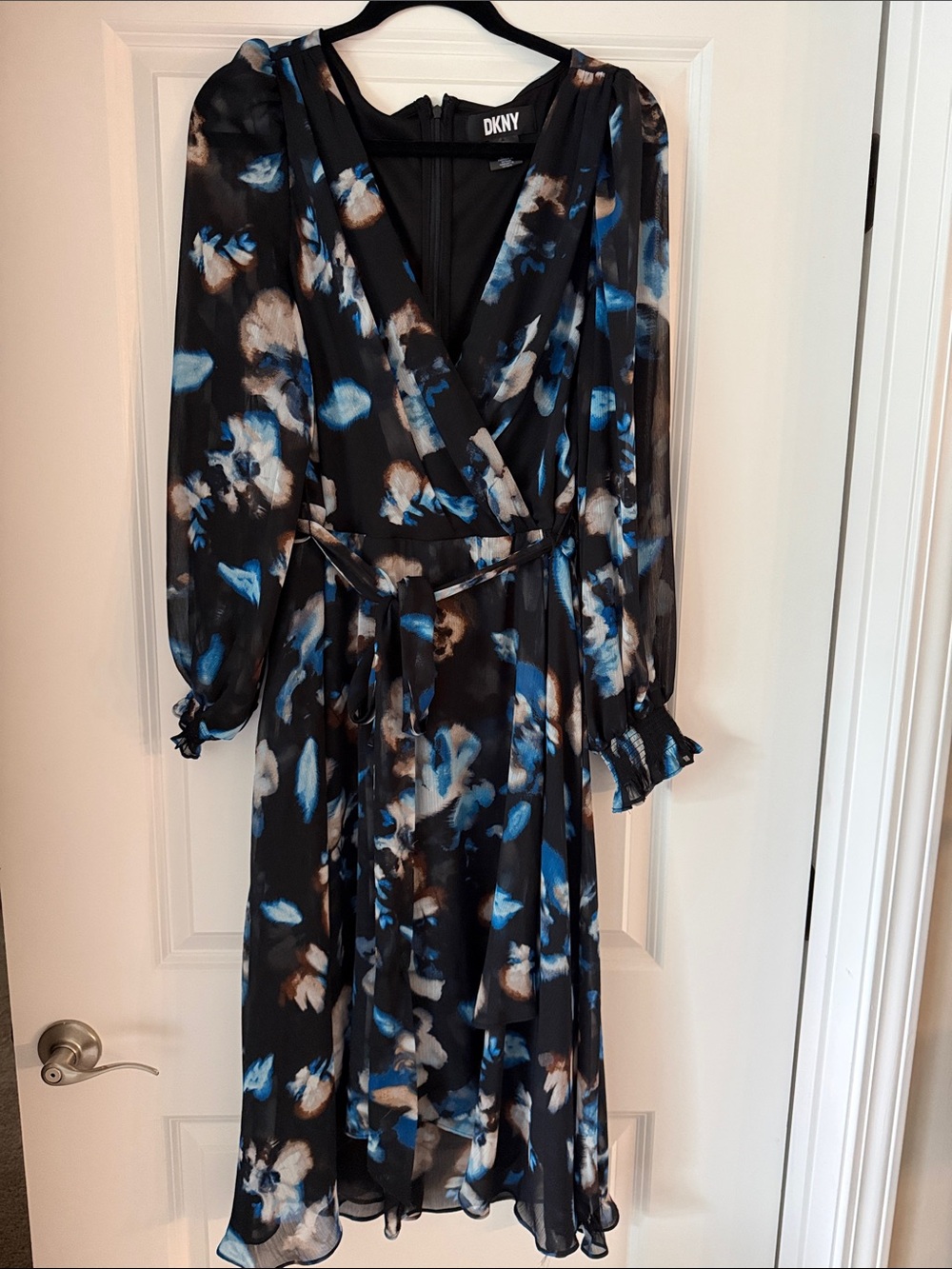 DKNY Black Midi Wrap Dress with Blue & Cream Floral Print